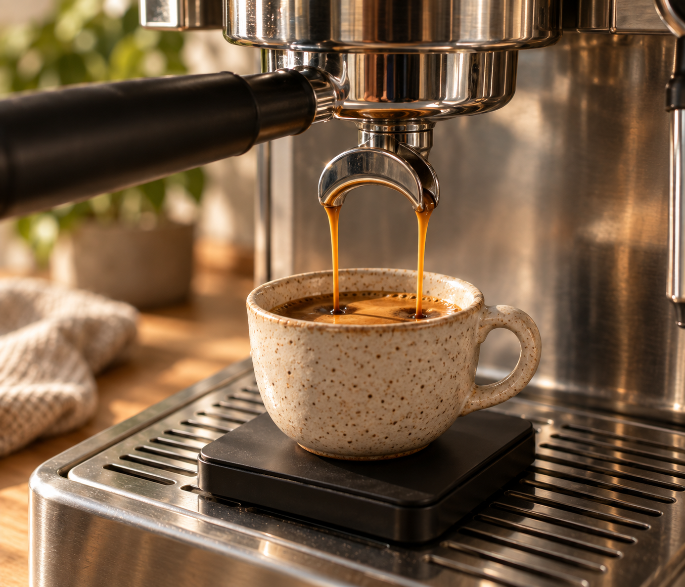 Espresso extracting into a ceramic cup on a scale