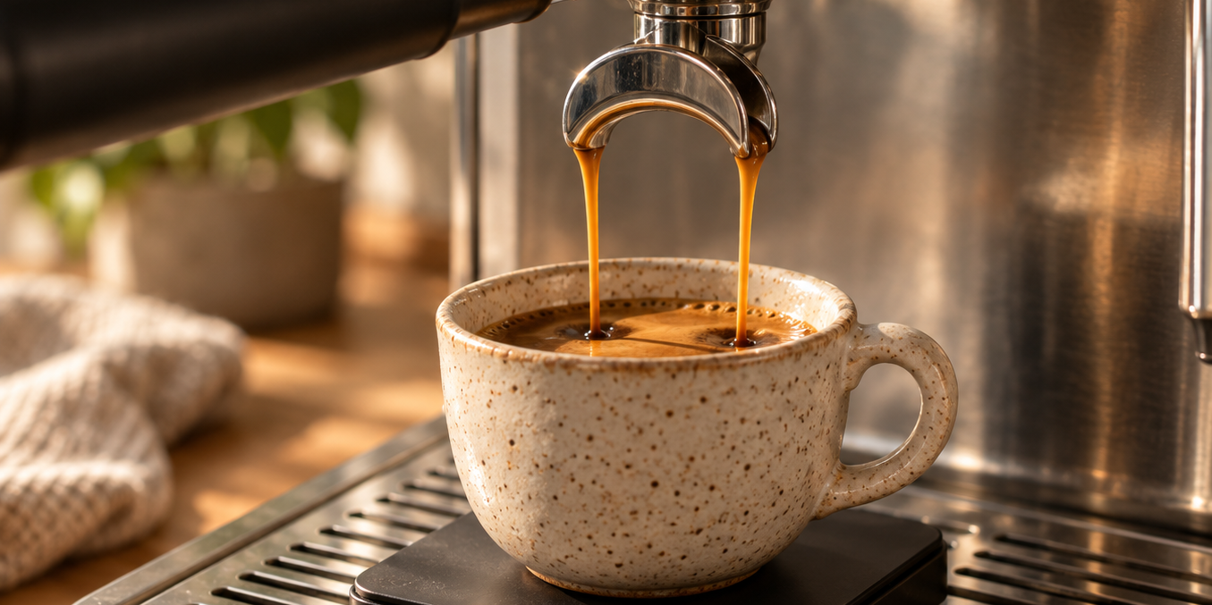 Espresso extracting into a ceramic cup on a scale