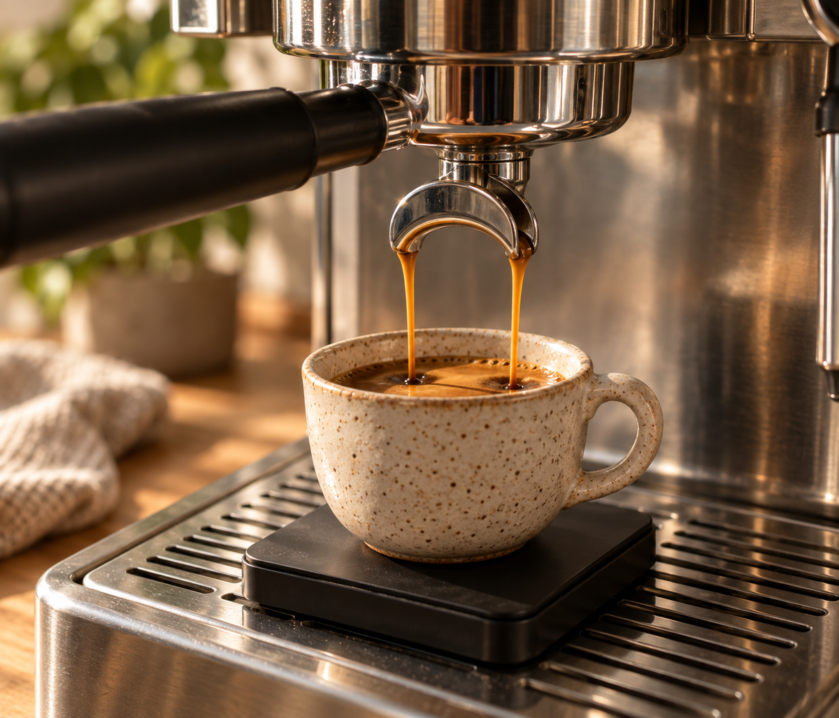 Espresso extracting into a ceramic cup on a scale