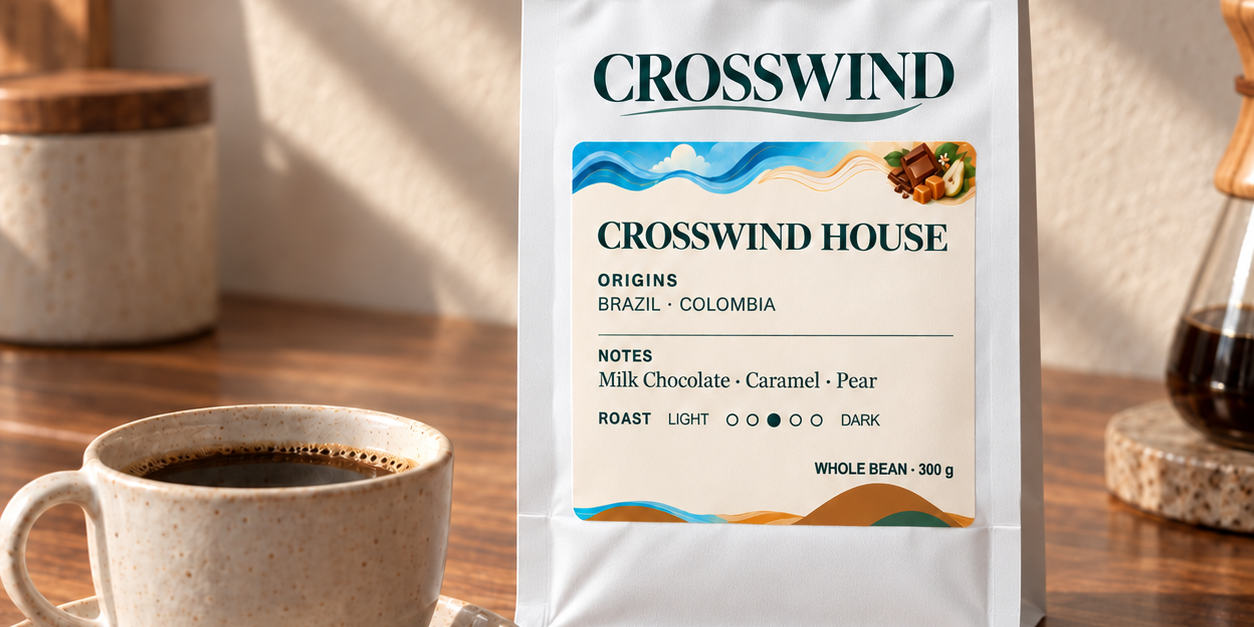 A sealed white Crosswind House coffee bag beside a ceramic cup on a sunlit counter