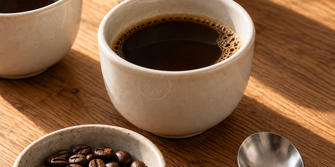Black coffee in ceramic cups with roasted beans and a tasting spoon on a wooden table