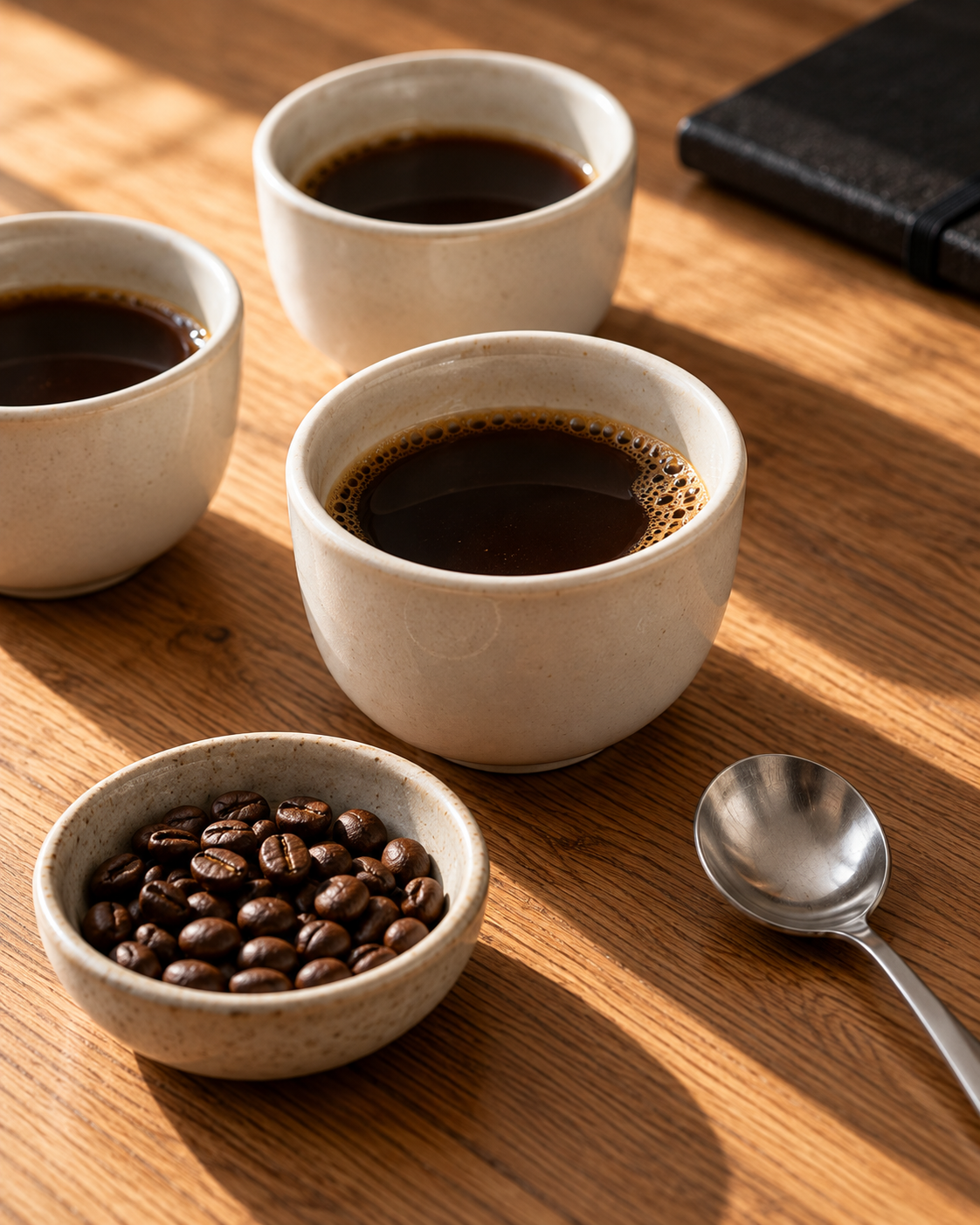 Black coffee in ceramic cups with roasted beans and a tasting spoon on a wooden table