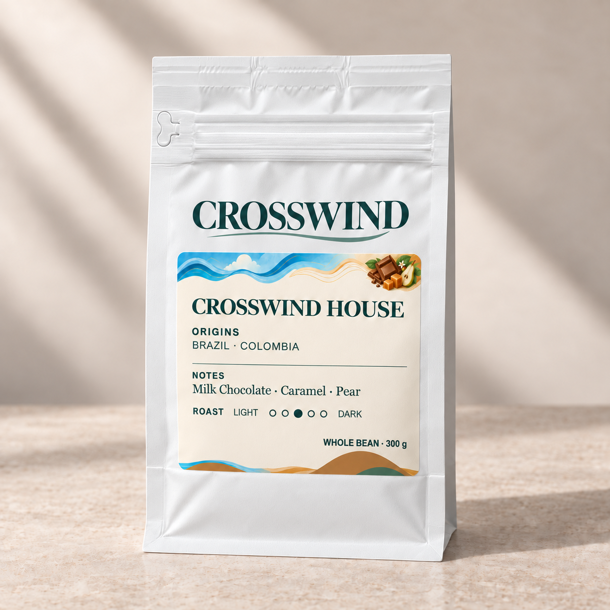 Illustrative Crosswind House 300 g matte white sealed pouch with front pocket zipper and left pull tab