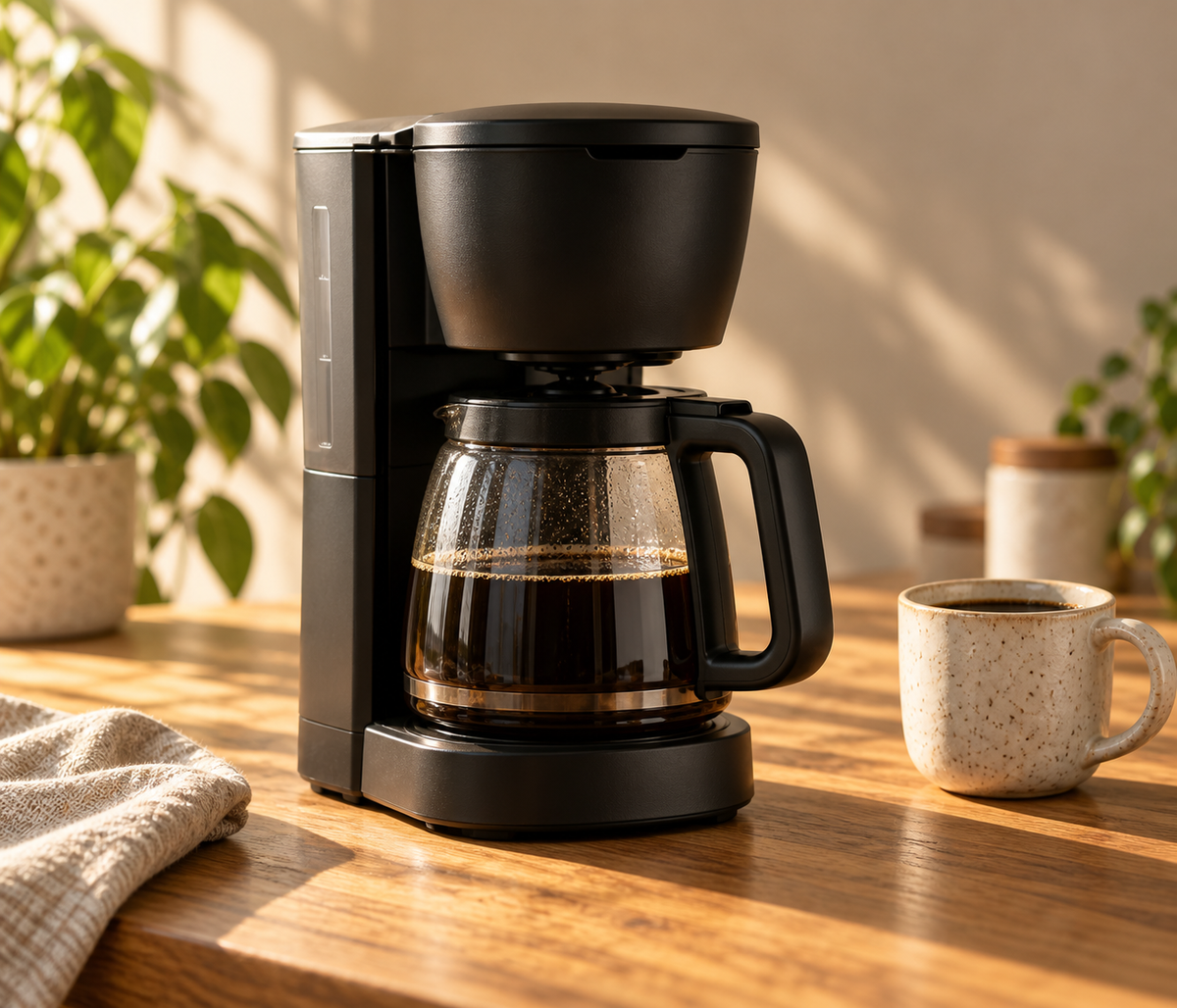 A black automatic drip coffee brewer with a glass carafe and ceramic mug on a warm wooden counter