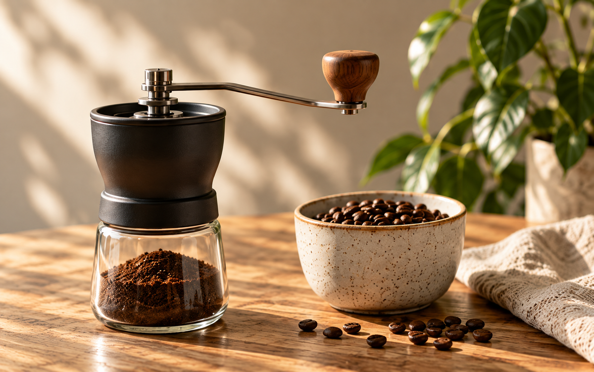 A hand burr grinder and ceramic bowl of coffee beans on a sunlit wooden table