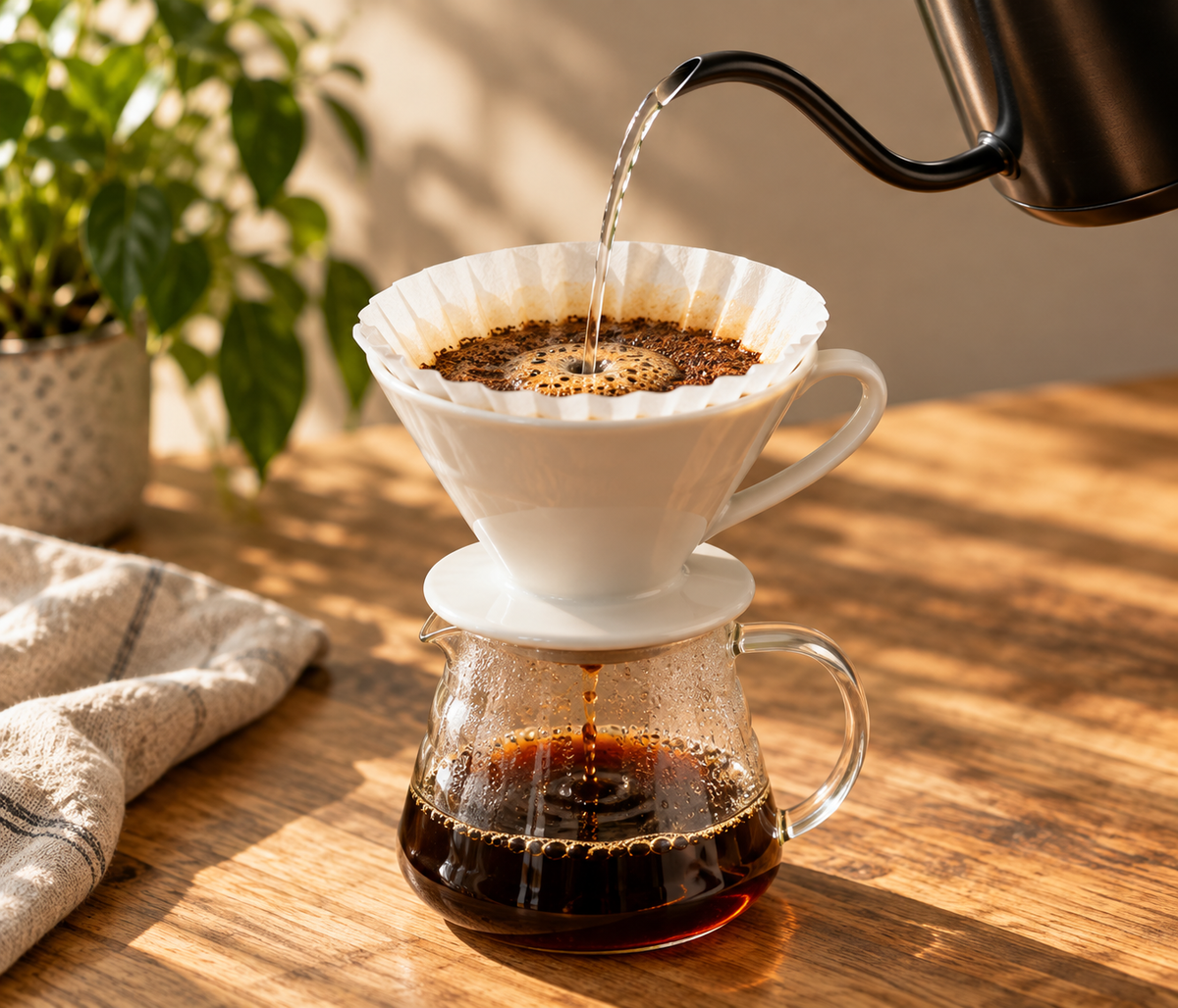 Hot water pouring into a ceramic coffee dripper over a glass server on a sunlit wooden table