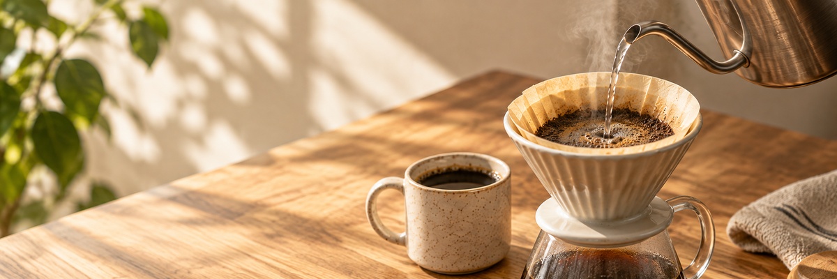 Hot water pouring into a coffee filter on a sunlit wooden table