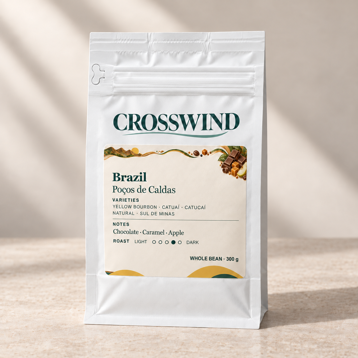 Illustrative Brazil Poços de Caldas 300 g matte white sealed pouch with front pocket zipper and left pull tab