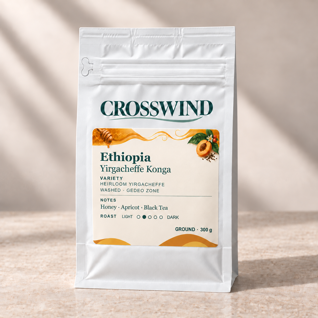 Ethiopia Yirgacheffe Konga 300 g ground coffee in a sealed matte white pouch, labelled GROUND, with front zipper and left pull tab