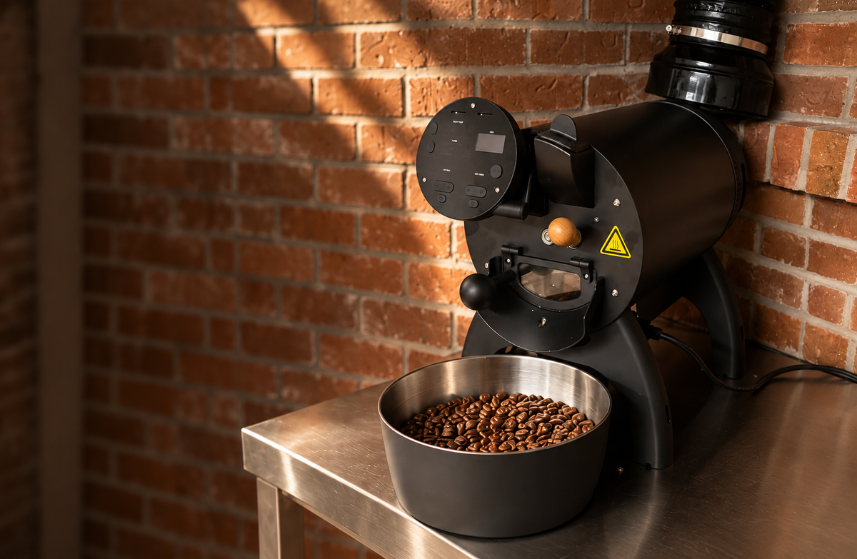 Illustrative view of the Crosswind roaster with roasted beans in its cooling bowl, based on our roasting setup