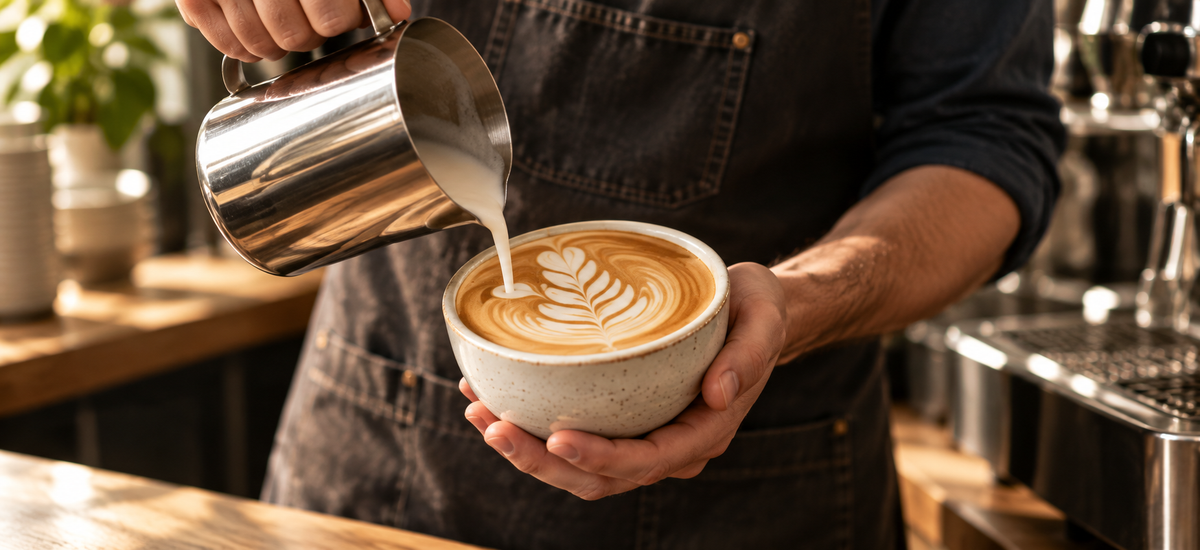 A barista pouring latte art into a ceramic coffee cup
