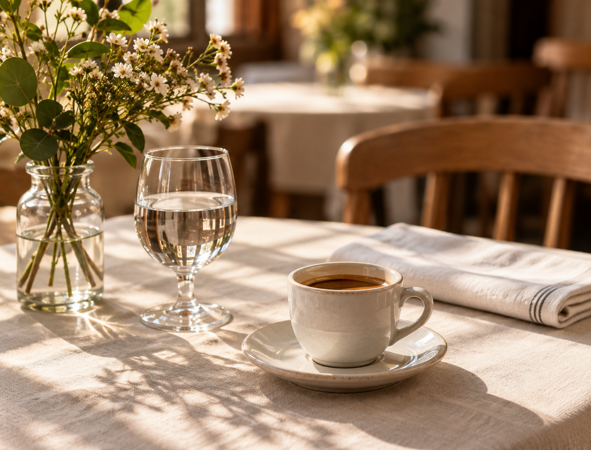An espresso on a sunlit restaurant table with linen and glassware